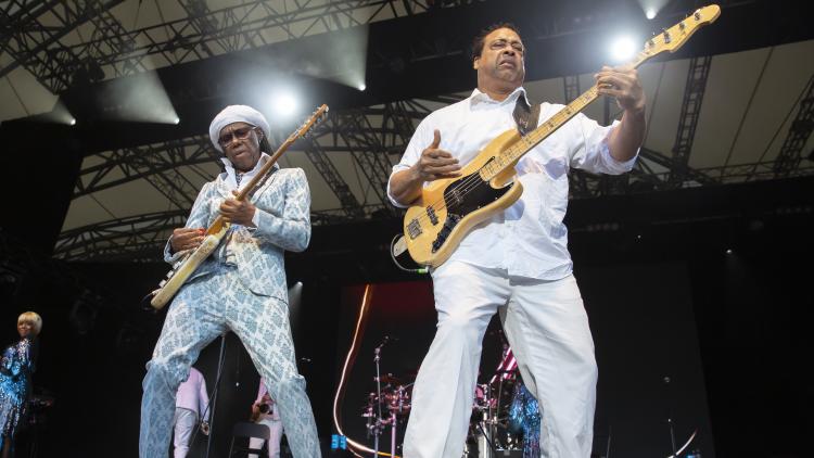 Nile Rodgers and guitarist performing at Eden Sessions