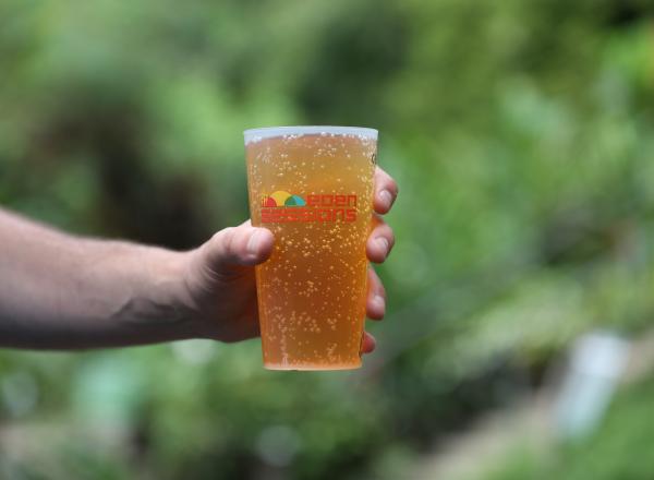 Hand holding Eden Sessions cup filled with cider