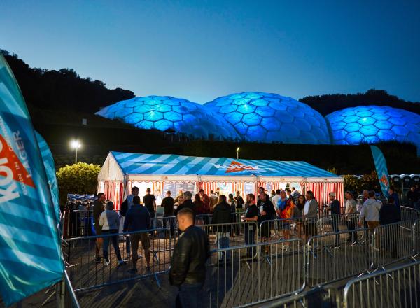 Eden Sessions bar with Biomes glowing blue in the background
