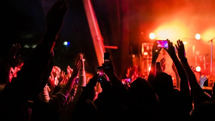 Silhouette of crowd's hands in the air, taking pictures, during Eden Sessions gig