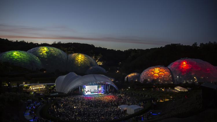 Sessions concert with the Biomes lit in rainbow colours