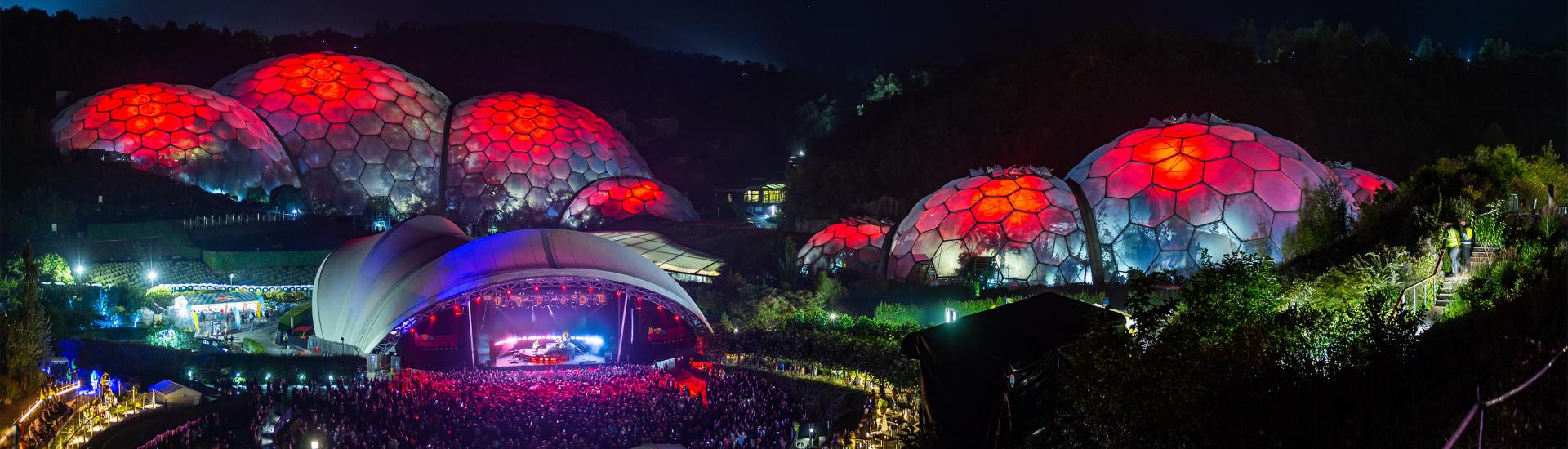 Eden Sessions with Biomes lit at night