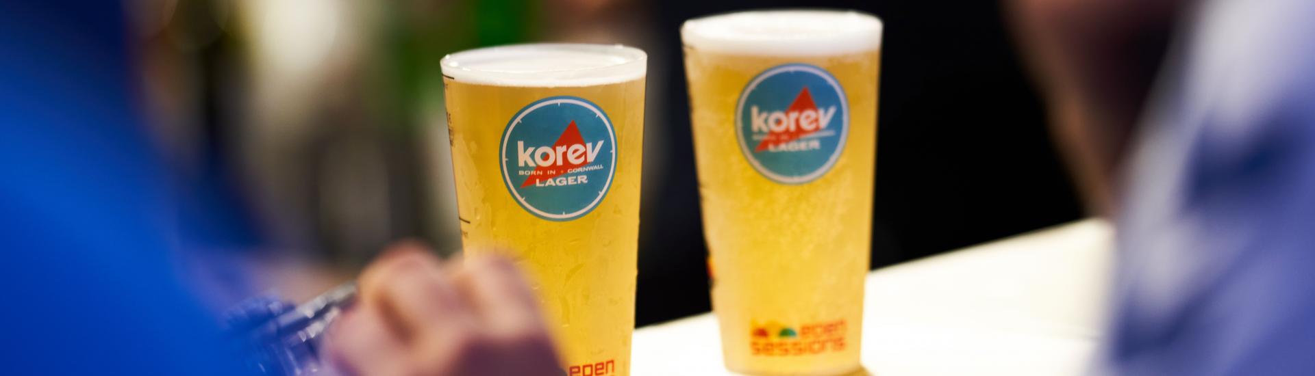 Pints of Korev in Eden Sessions cups